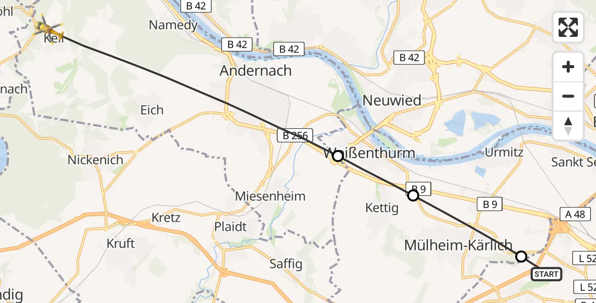 Flugroute Rettungshubschrauber Koblenz - Andernach, 12 August 2026, 05:18