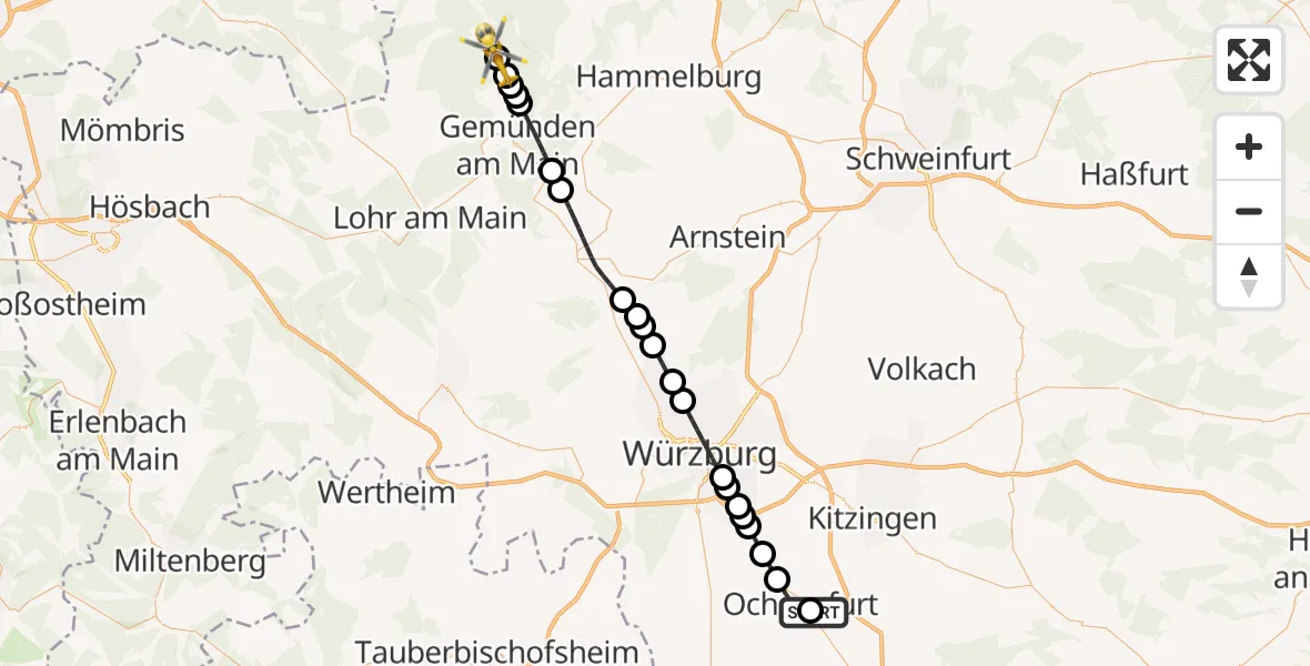 Flugroute Rettungshubschrauber Ochsenfurt Hospital - Burgsinn, 12 August 2026, 05:41