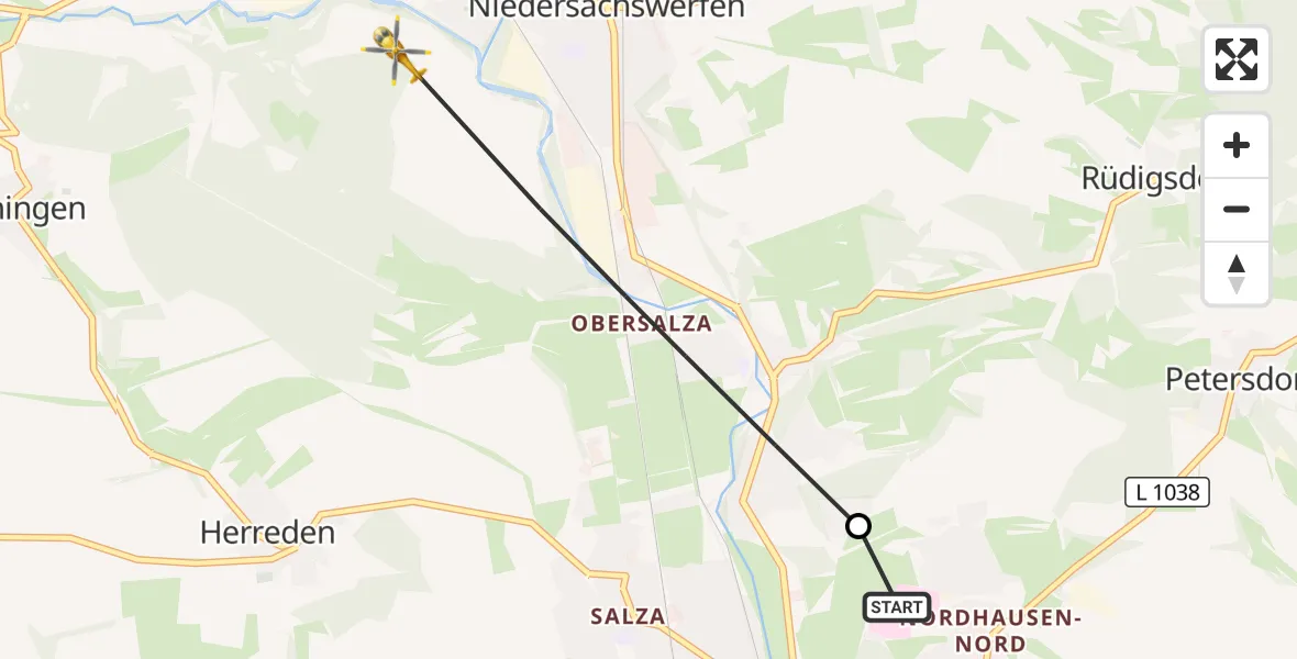 Flugroute Rettungshubschrauber Südharz Hospital Nordhausen - Nordhausen, 12 August 2026, 05:42