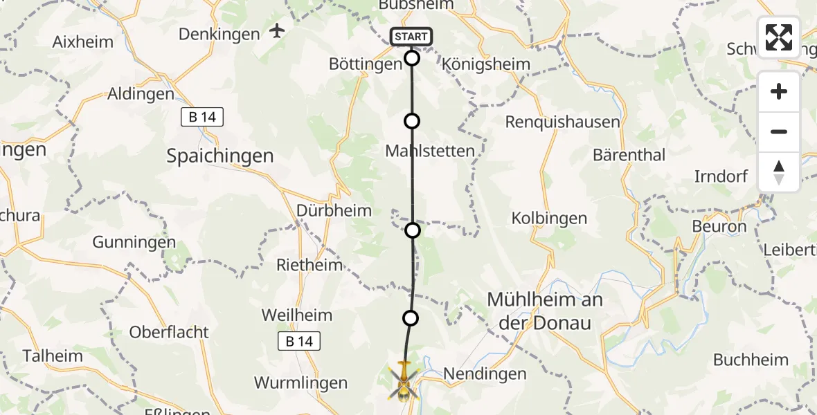 Flugroute Ambulanzhubschrauber Bubsheim - Tuttlingen, 12 August 2026, 05:43