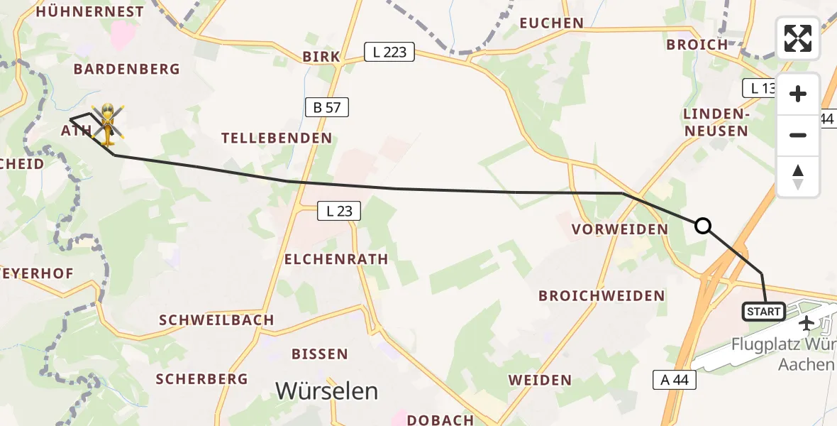 Flugroute Rettungshubschrauber Aachen-Merzbrück Flughafen - Würselen, 12 August 2026, 05:54