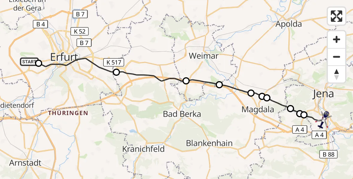 Flugroute Polizeihubschrauber Erfurt-Weimar Flughafen - Jena, 12 August 2026, 06:03