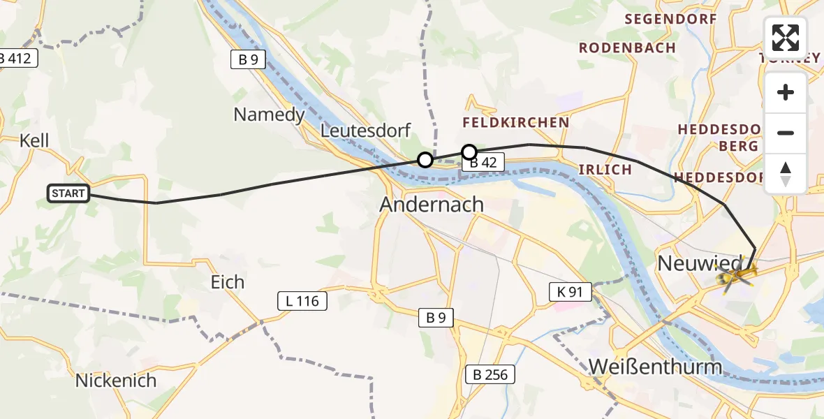 Flugroute Rettungshubschrauber Andernach - Neuwied, 12 August 2026, 06:07