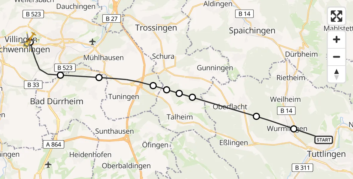 Flugroute Ambulanzhubschrauber Tuttlingen - DRF Air Rescue Station Villingen-Schwenningen Hubschrauberlandeplatz (Christoph 11), 12 August 2026, 06:10