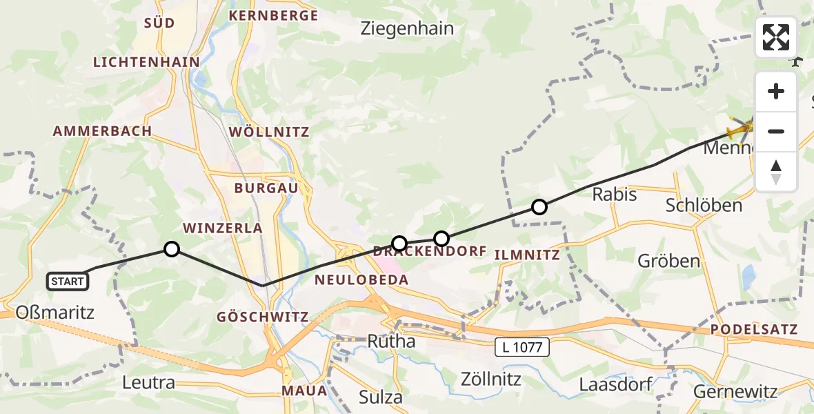 Flugroute Rettungshubschrauber Bucha - Schlöben, 12 August 2026, 06:13