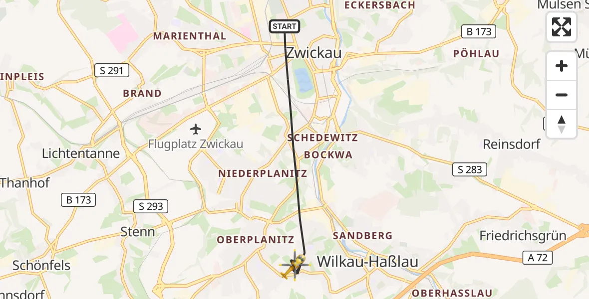 Flugroute Rettungshubschrauber Zwickau - Zwickau, 12 August 2026, 06:28