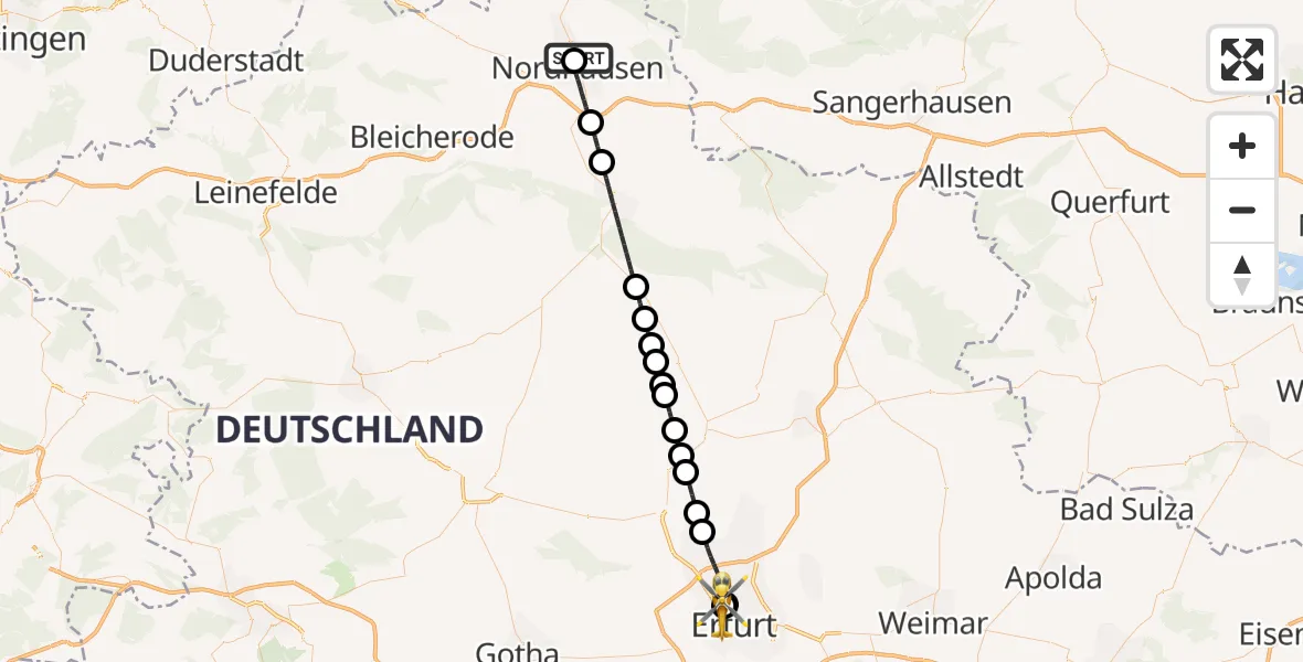 Flugroute Ambulanzhubschrauber Südharz Hospital Nordhausen - Helios Clinic Erfurt, 12 August 2026, 06:31