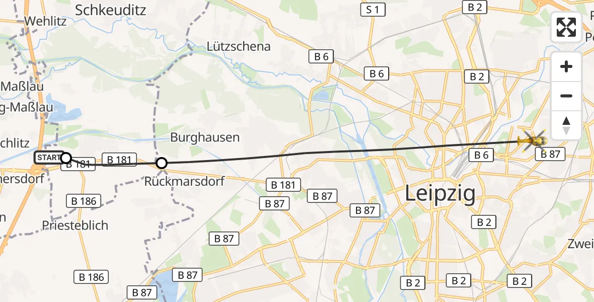 Flugroute Rettungshubschrauber ADAC Air Rescue Station Leipzig/Schkeuditz-Dölzig Hubschrauberlandeplatz (Christoph 61) - Leipzig, 12 August 2026, 06:36
