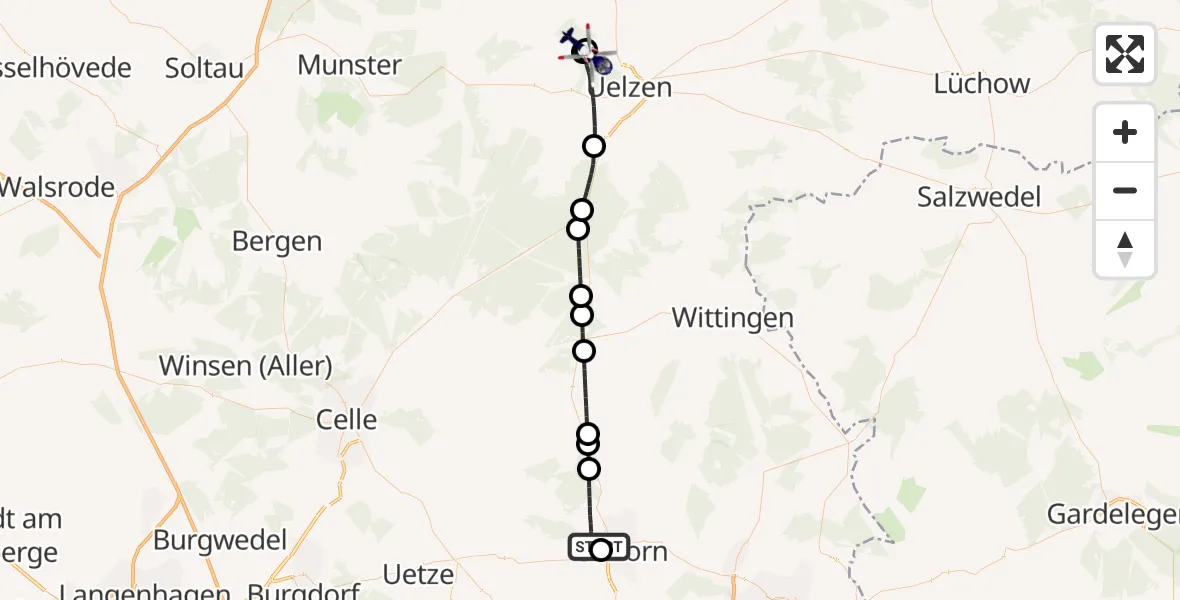 Flugroute Polizeihubschrauber Gifhorn Bundespolizei Hubschrauberlandeplatz - Uelzen, 12 August 2026, 06:43