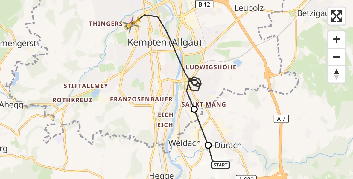 Flugroute Rettungshubschrauber Kempten-Durach Flugplatz - Kempten (Allgäu), 12 August 2026, 06:45