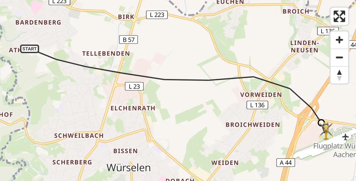 Flugroute Rettungshubschrauber Würselen - Aachen-Merzbrück Flughafen, 12 August 2026, 06:45