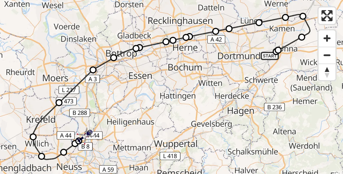 Flugroute Polizeihubschrauber Dortmund Flughafen - Düsseldorf Flughafen, 12 August 2026, 06:51