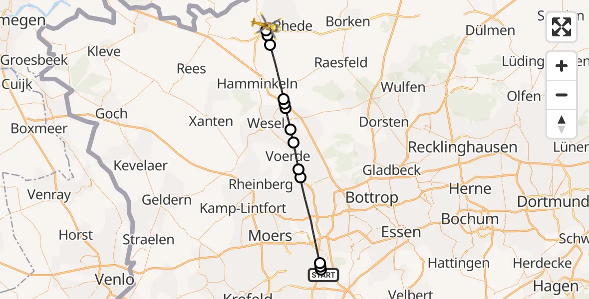 Flugroute Rettungshubschrauber Duisburg Air Rescue Hubschrauberlandeplatz (Christoph 9) - Bocholt, 12 August 2026, 06:52