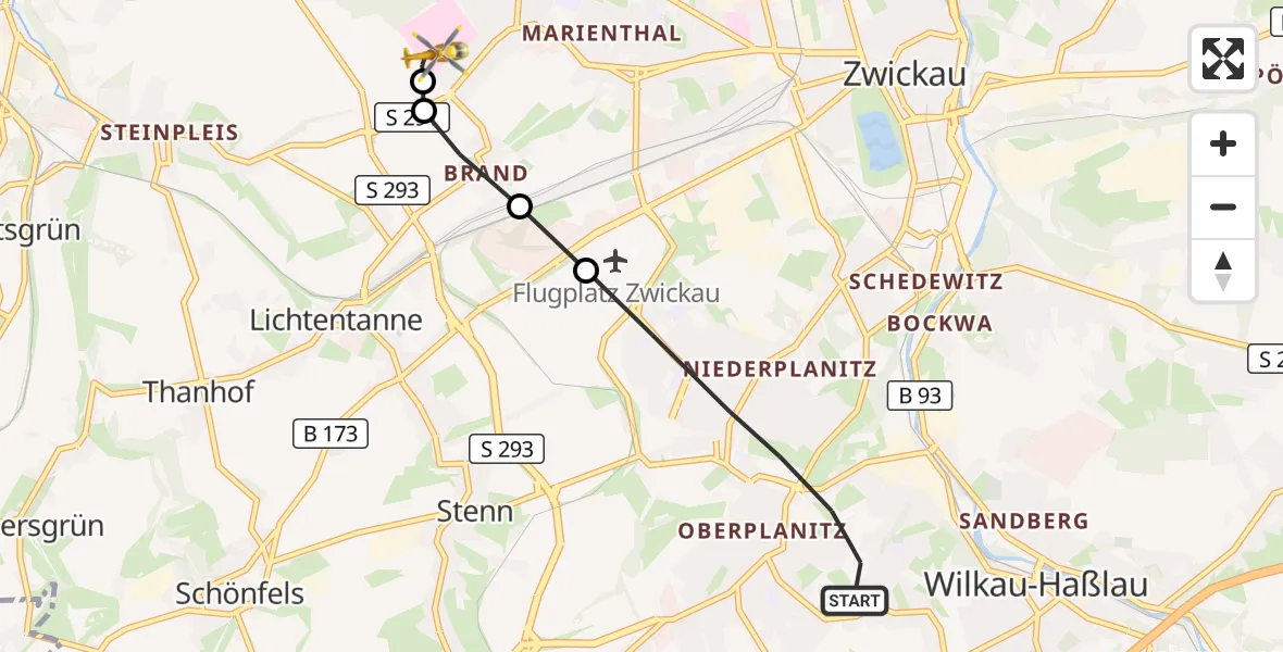 Flugroute Rettungshubschrauber Zwickau - ADAC Air Rescue Station Zwickau Hubschrauberlandeplatz, 12 August 2026, 07:05