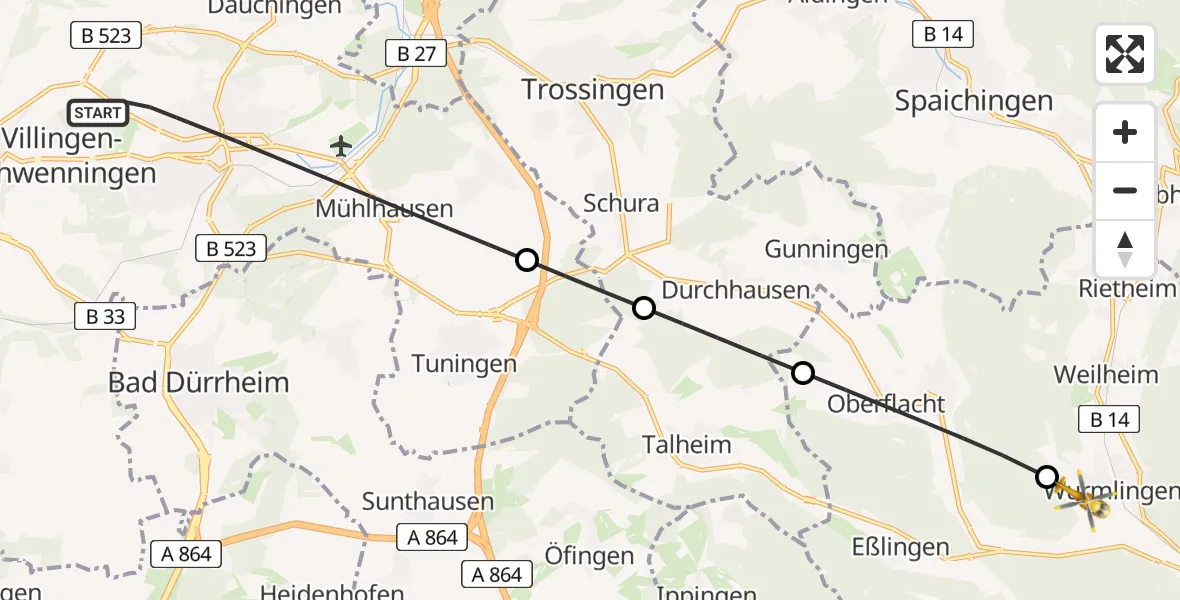 Flugroute Ambulanzhubschrauber Villingen-Schwenningen - Wurmlingen, 12 August 2026, 07:14