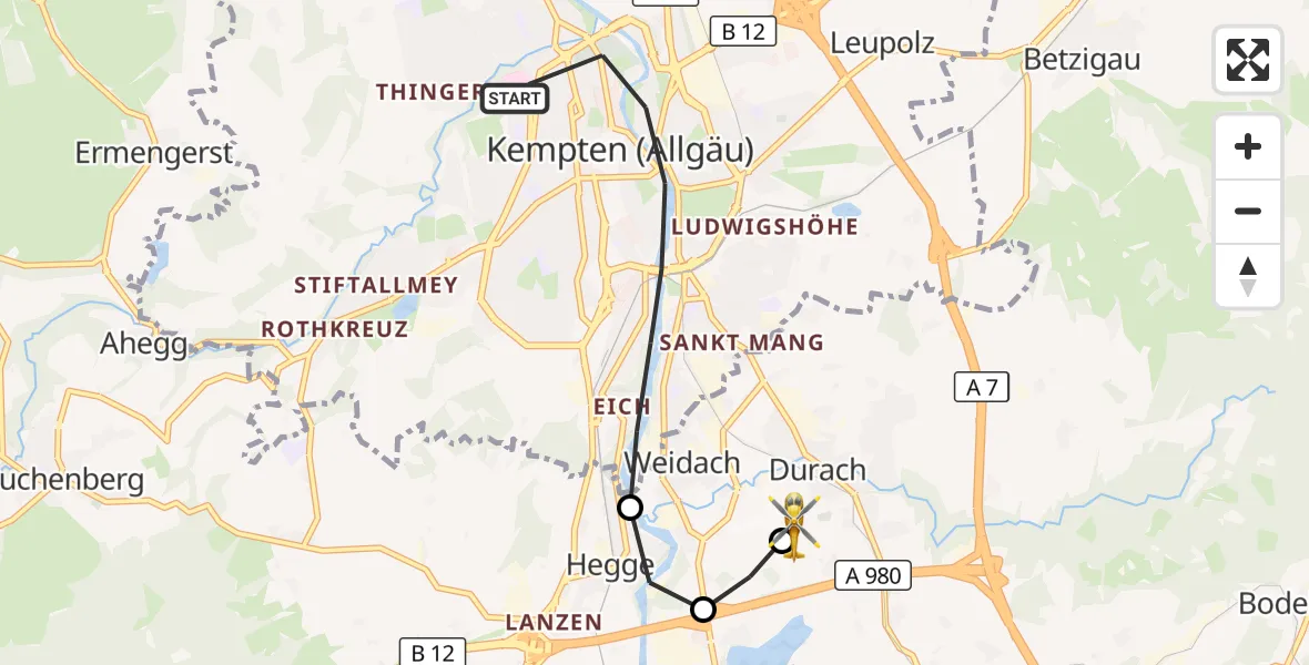 Flugroute Rettungshubschrauber Kempten (Allgäu) - Kempten-Durach Flugplatz, 12 August 2026, 07:22