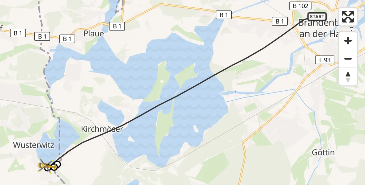 Flugroute Rettungshubschrauber Brandenburg an der Havel - Wusterwitz, 12 August 2026, 07:25