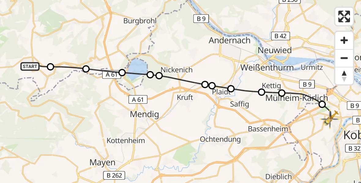 Flugroute Rettungshubschrauber Kempenich - Koblenz, 12 August 2026, 07:26