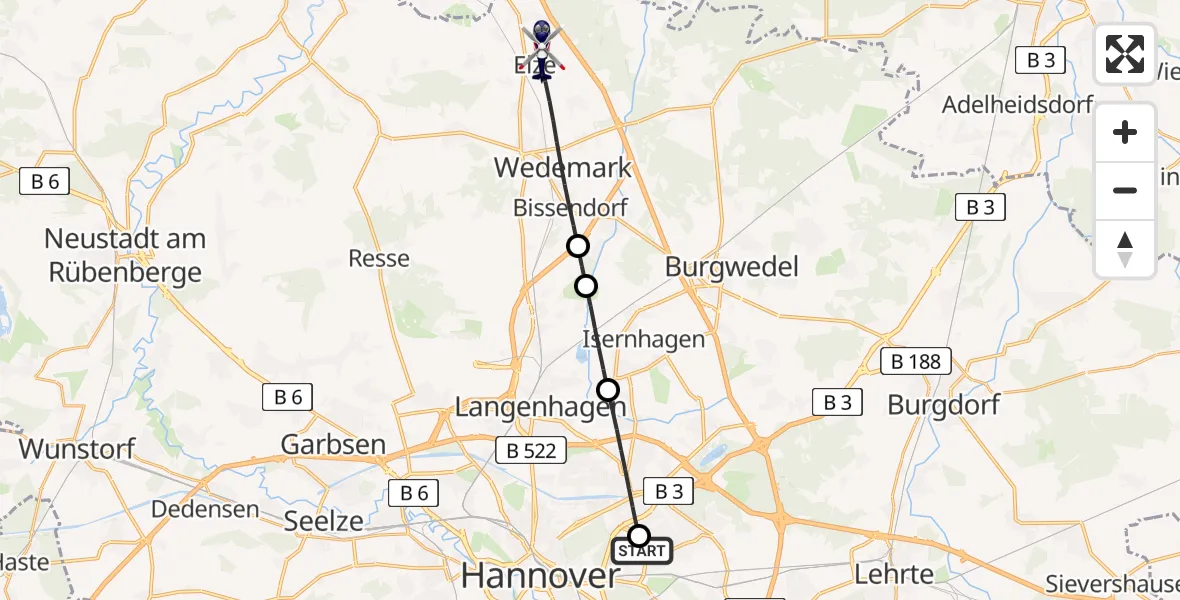 Flugroute Polizeihubschrauber Hannover Luftrettung Hubschrauberlandeplatz (Christoph 4) - Wedemark, 12 August 2026, 07:30