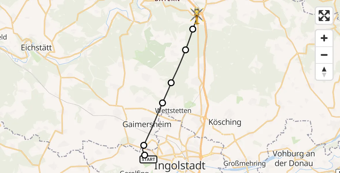 Flugroute Rettungshubschrauber Ingolstadt Hospital - Denkendorf, 12 August 2026, 07:34