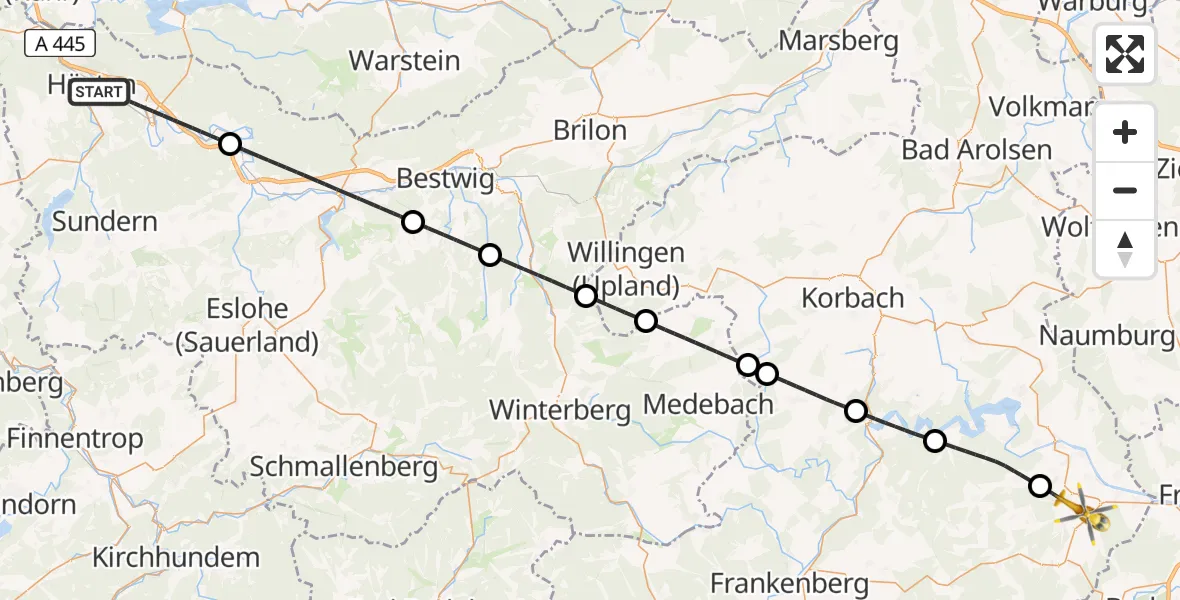 Flugroute Rettungshubschrauber Arnsberg - Bad Wildungen, 12 August 2026, 07:45