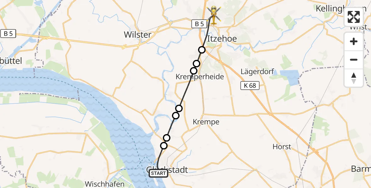 Flugroute Rettungshubschrauber Glückstadt - Itzehoe, 12 August 2026, 07:45