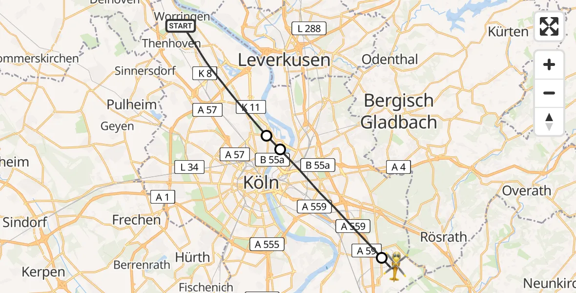 Flugroute Rettungshubschrauber Köln - Köln Bonn Flughafen, 12 August 2026, 07:45