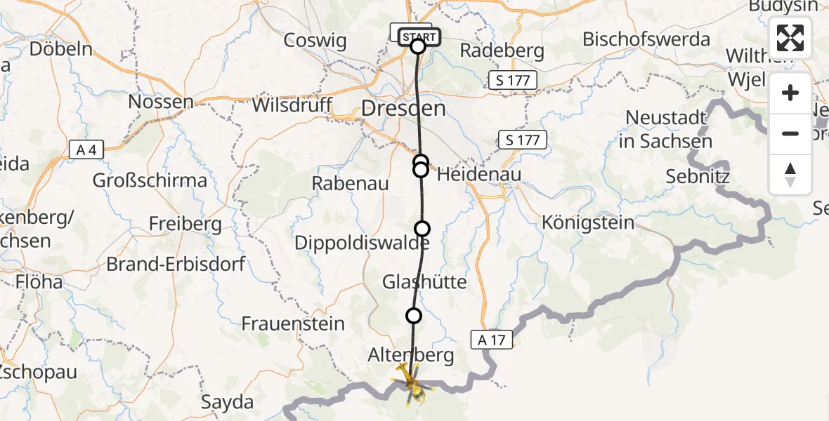 Flugroute Rettungshubschrauber Dresden Flughafen - Altenberg, 12 August 2026, 07:49