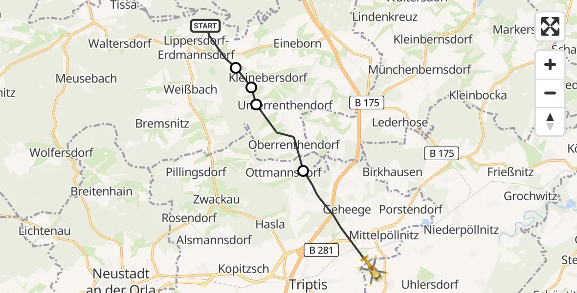 Flugroute Rettungshubschrauber Lippersdorf-Erdmannsdorf - Auma-Weidatal, 12 August 2026, 07:54