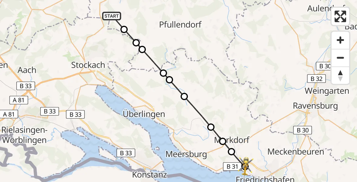 Flugroute Rettungshubschrauber Sauldorf - Friedrichshafen Hospital, 12 August 2026, 07:59