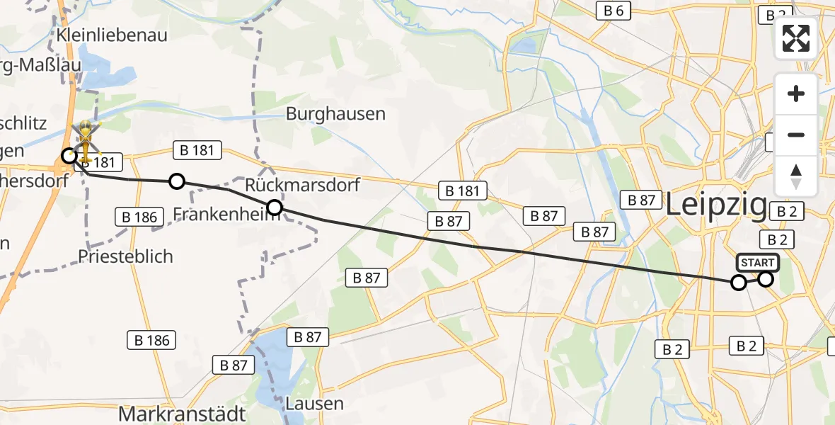 Flugroute Rettungshubschrauber Leipzig University Hospital Heliport 1 - ADAC Air Rescue Station Leipzig/Schkeuditz-Dölzig Hubschrauberlandeplatz (Christoph 61), 12 August 2026, 07:59