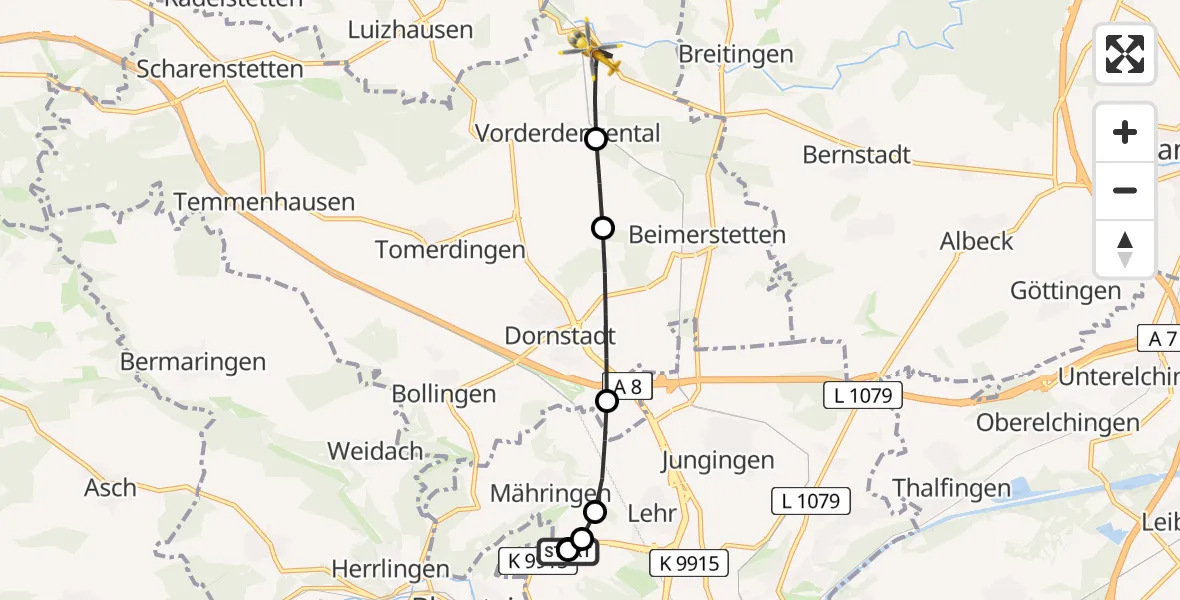 Flugroute Rettungshubschrauber Ulm Military Hospital Emergency - Westerstetten, 12 August 2026, 08:02