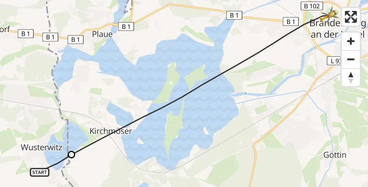 Flugroute Rettungshubschrauber Wusterwitz - Brandenburg an der Havel, 12 August 2026, 08:07