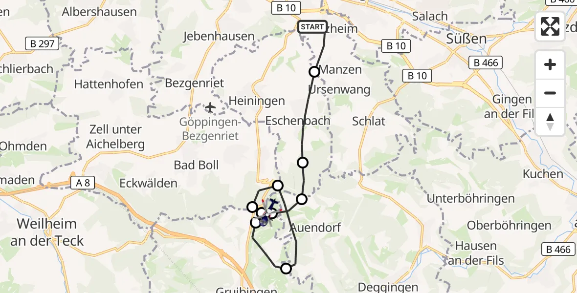 Flugroute Polizeihubschrauber Göppingen - Gruibingen-Nortel Flugplatz, 12 August 2026, 08:11