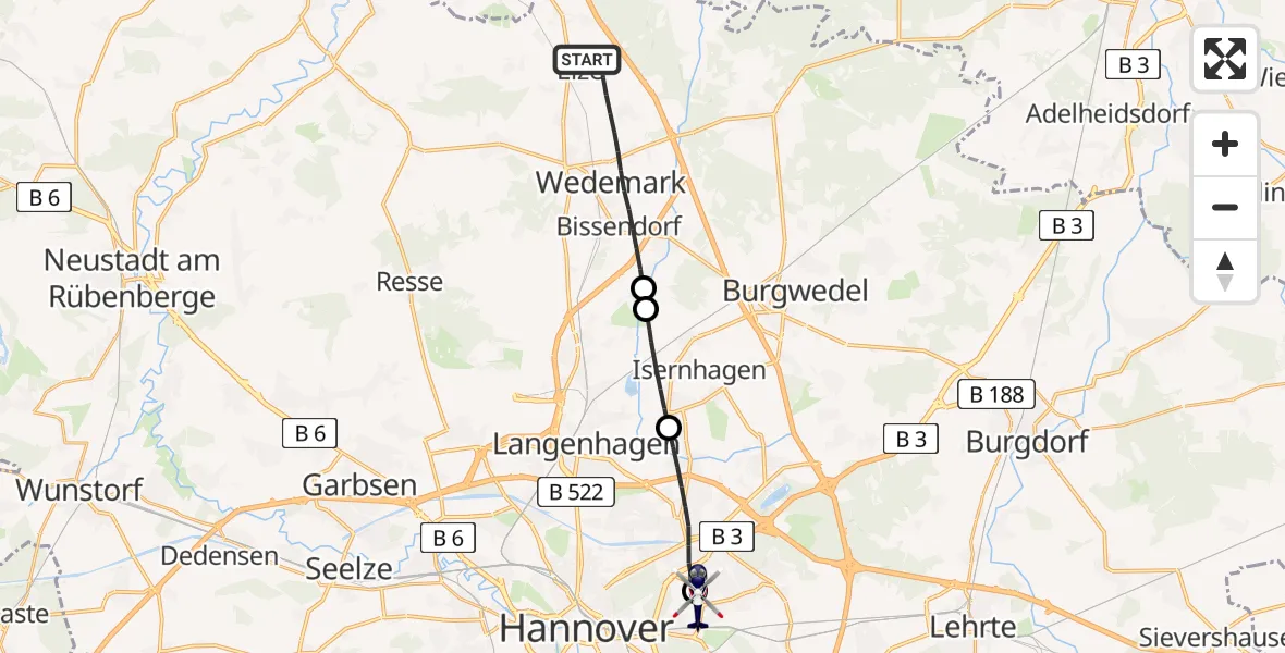 Flugroute Polizeihubschrauber Wedemark - Hannover Luftrettung Hubschrauberlandeplatz (Christoph 4), 12 August 2026, 08:12