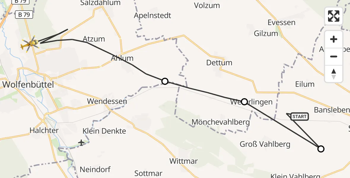 Flugroute Rettungshubschrauber Kneitlingen - Wolfenbüttel Municipal Hospital Heliport (Christoph 30), 12 August 2026, 08:14
