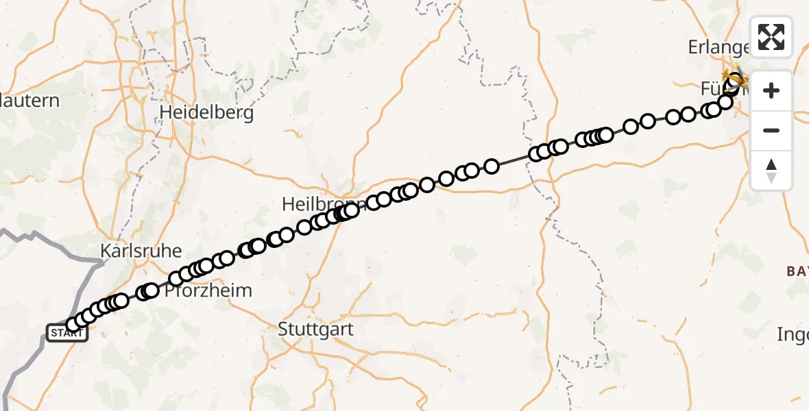 Flugroute Rettungshubschrauber Karlsruhe Baden-Baden Flughafen - Flughafen Nuremberg, 12 August 2026, 08:18