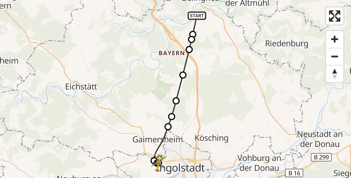 Flugroute Rettungshubschrauber Beilngries - Ingolstadt Hospital, 12 August 2026, 08:28
