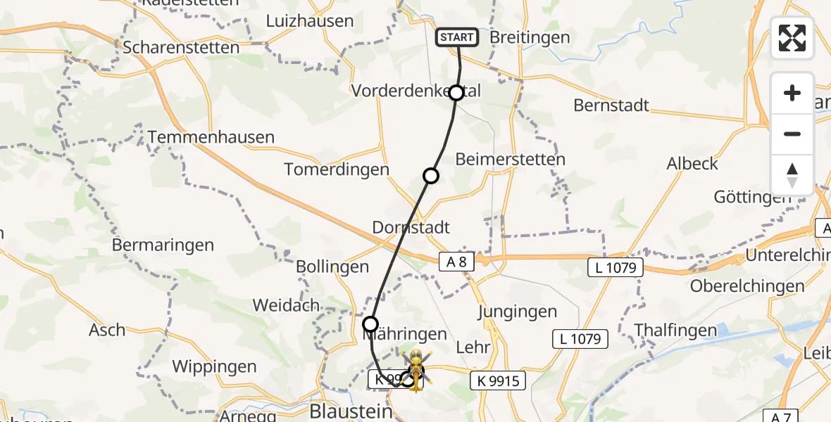 Flugroute Rettungshubschrauber Westerstetten - ADAC Air Rescue Station Ulm (Christoph 22), 12 August 2026, 08:38