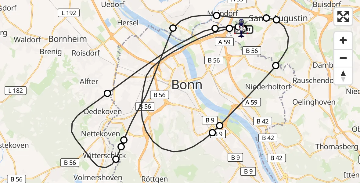 Flugroute Polizeihubschrauber Bonn-Hangelar Flugplatz - Sankt Augustin, 12 August 2026, 08:49