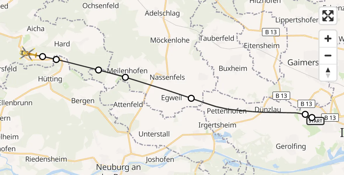 Flugroute Rettungshubschrauber Ingolstadt Hospital - Wellheim, 12 August 2026, 08:59
