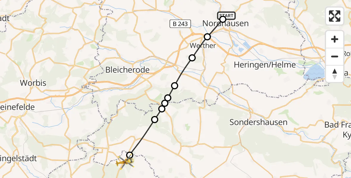 Flugroute Rettungshubschrauber Südharz Hospital Nordhausen - Unstruttal, 12 August 2026, 09:00