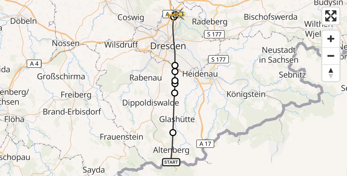 Flugroute Rettungshubschrauber Altenberg - Dresden Bundespolizei Hubschrauberlandeplatz, 12 August 2026, 09:10