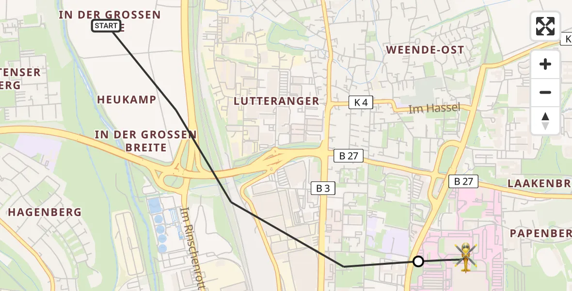 Flugroute Rettungshubschrauber Göttingen - Göttingen University Clinic Hubschrauberlandeplatz, 12 August 2026, 09:10