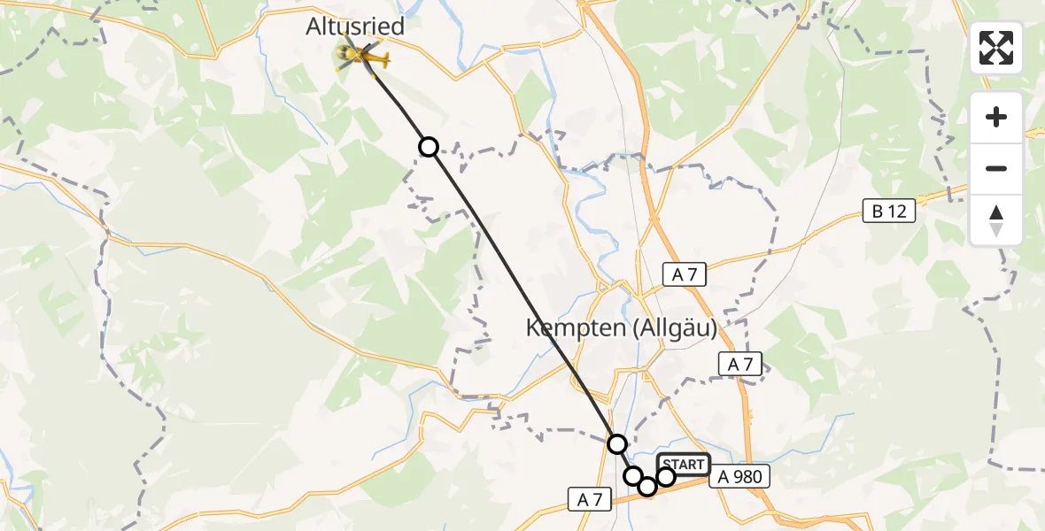 Flugroute Rettungshubschrauber Kempten-Durach Flugplatz - Altusried, 12 August 2026, 09:13