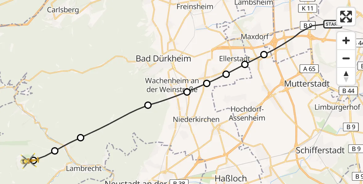 Flugroute Rettungshubschrauber Ludwigshafen am Rhein - Esthal, 12 August 2026, 09:13