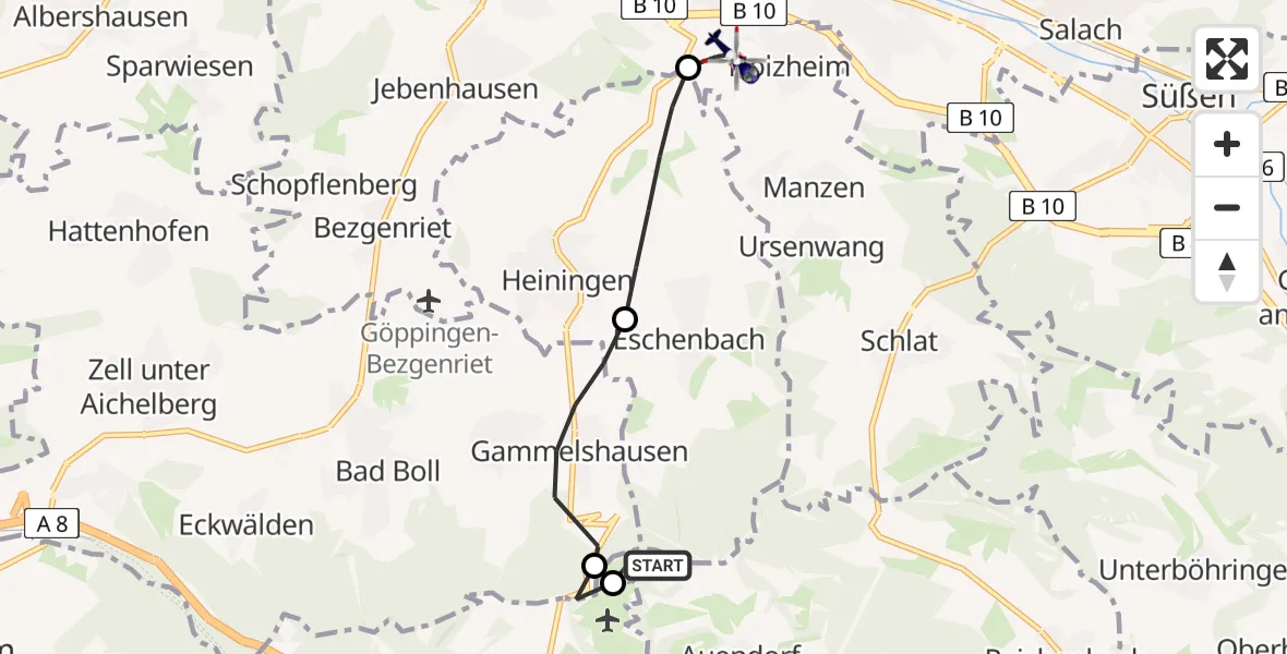 Flugroute Polizeihubschrauber Bad Ditzenbach - Göppingen, 12 August 2026, 09:16