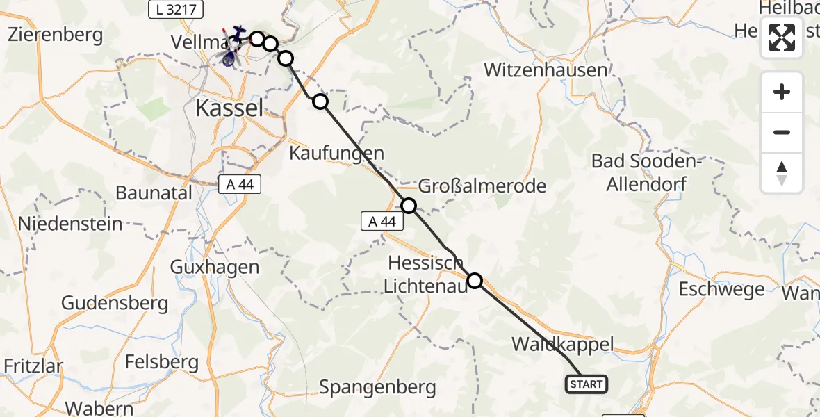 Flugroute Polizeihubschrauber Waldkappel - Fuldatal Bundespolizei Hubschrauberlandeplatz, 12 August 2026, 09:25