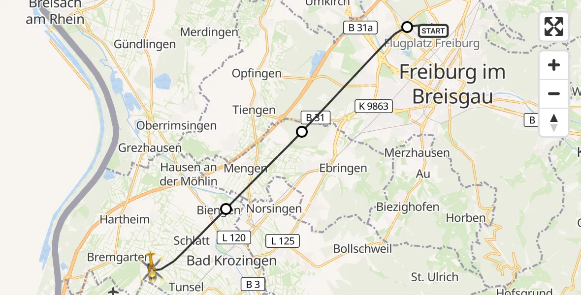 Flugroute Ambulanzhubschrauber Freiburg im Breisgau Flugplatz - Bad Krozingen, 12 August 2026, 09:25