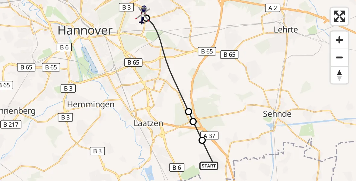 Flugroute Polizeihubschrauber Laatzen - Hannover Luftrettung Hubschrauberlandeplatz (Christoph 4), 12 August 2026, 09:25
